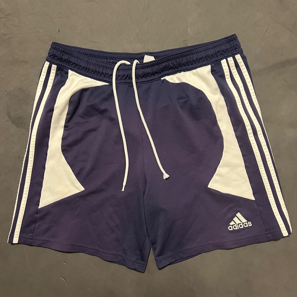 Vintage Y2K Adidas Mens XL Navy‎ White Blue Baggy Striped Mesh Soccer Shorts